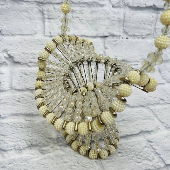 Vintage Handmade Beaded Safety Pin Basket Mid Century Pearl Silver 12" tall - Picture 2 of 5